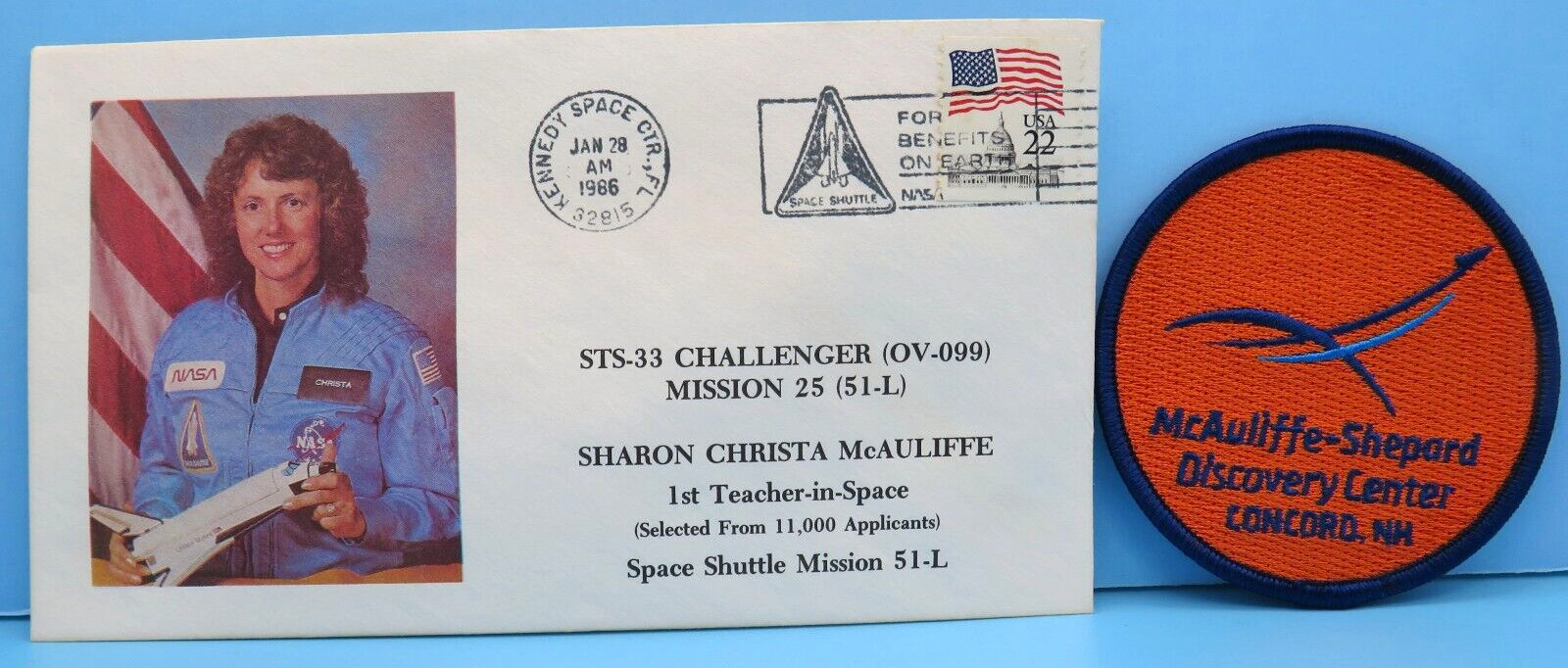NASA Postal Cover PATCH vtg Christa McAuliffe STS-51L Space Shuttle CHALLENGER