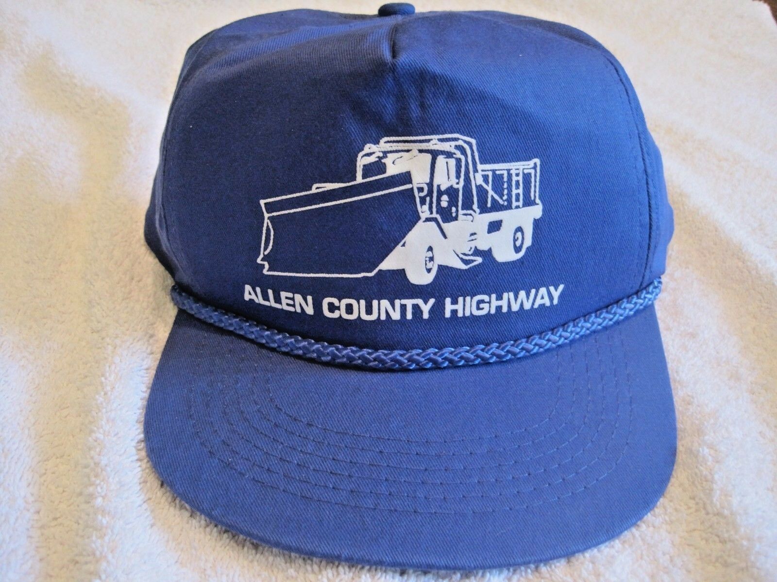 Nwot Allen County Highway Trucker Hat 100% Cotton Blue Braid On Front Snap Back