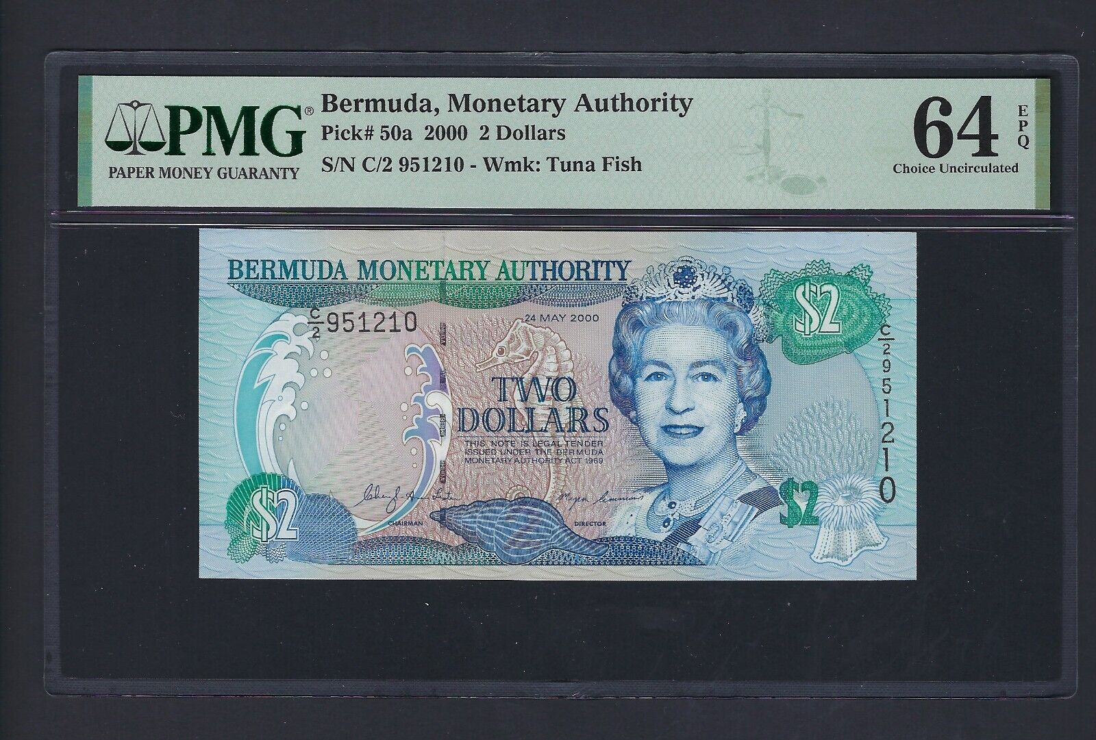 Bermuda 2 Dollars 2000 P50a Uncirculated Grade 64