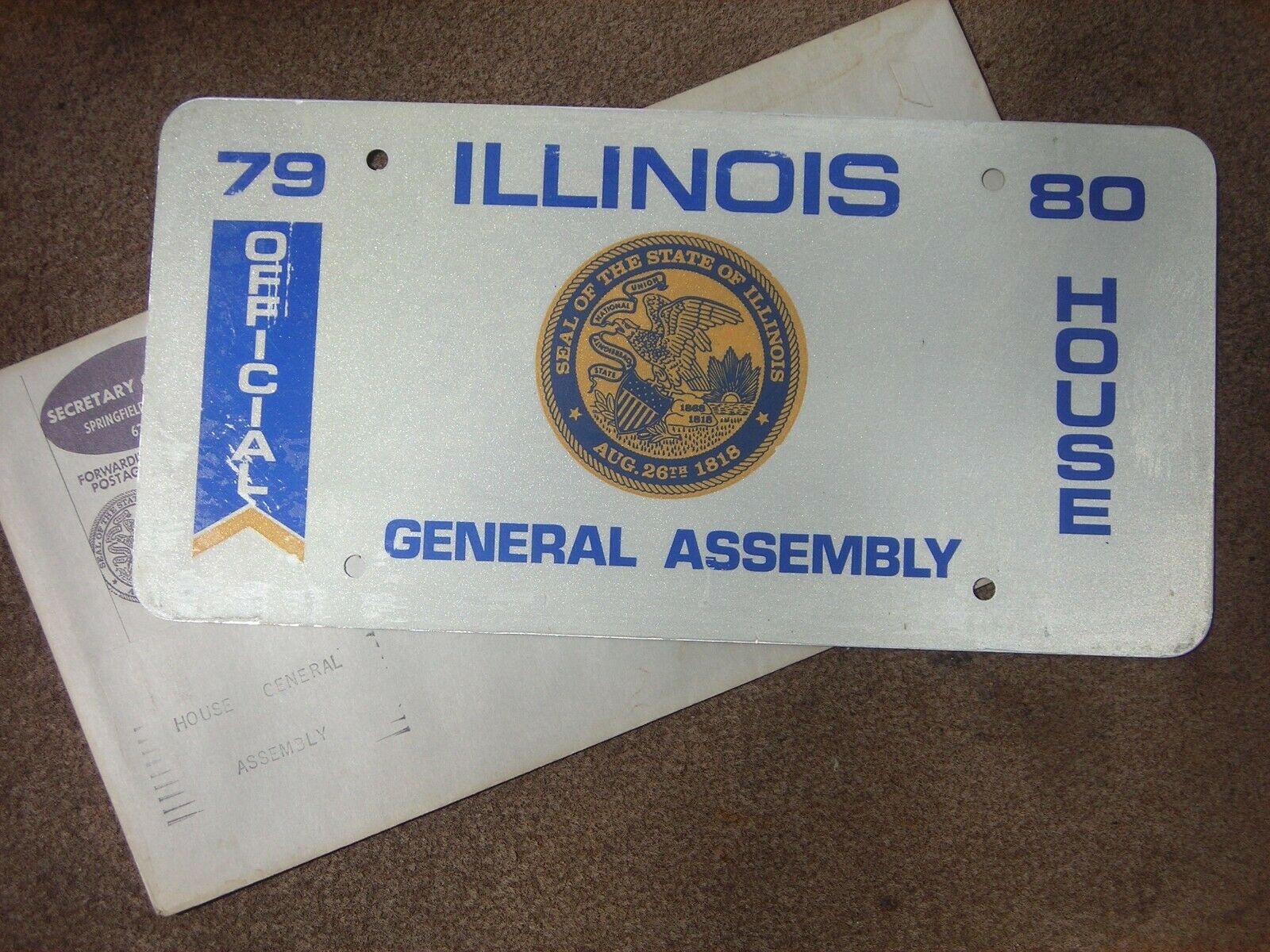 1979-80 Illinois license plate Gen Assembly House w/orig mailer