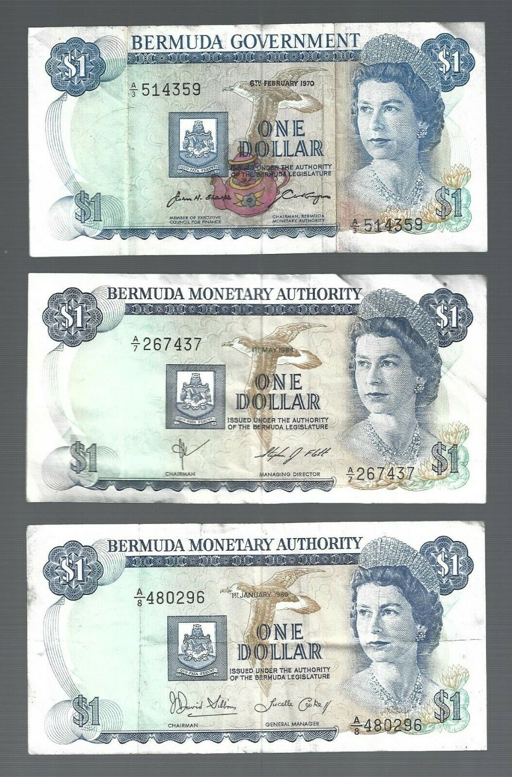 Bermuda ✨ 1970 1984 & 1986 ✨ $1 X 3 Qe Ii Banknotes ✨ Collections & Lots #2873