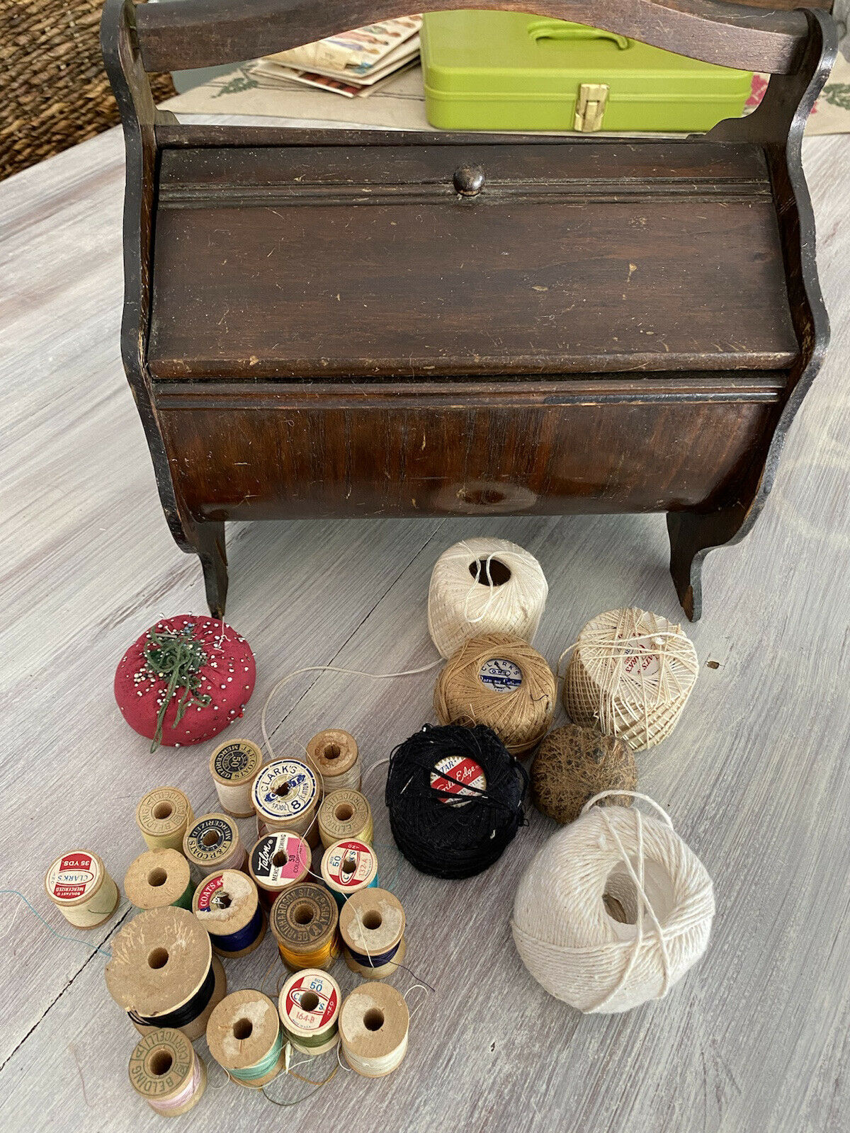 Antique Sewing Box Wooden Stand W/ Contents Spools Crochet Thread More