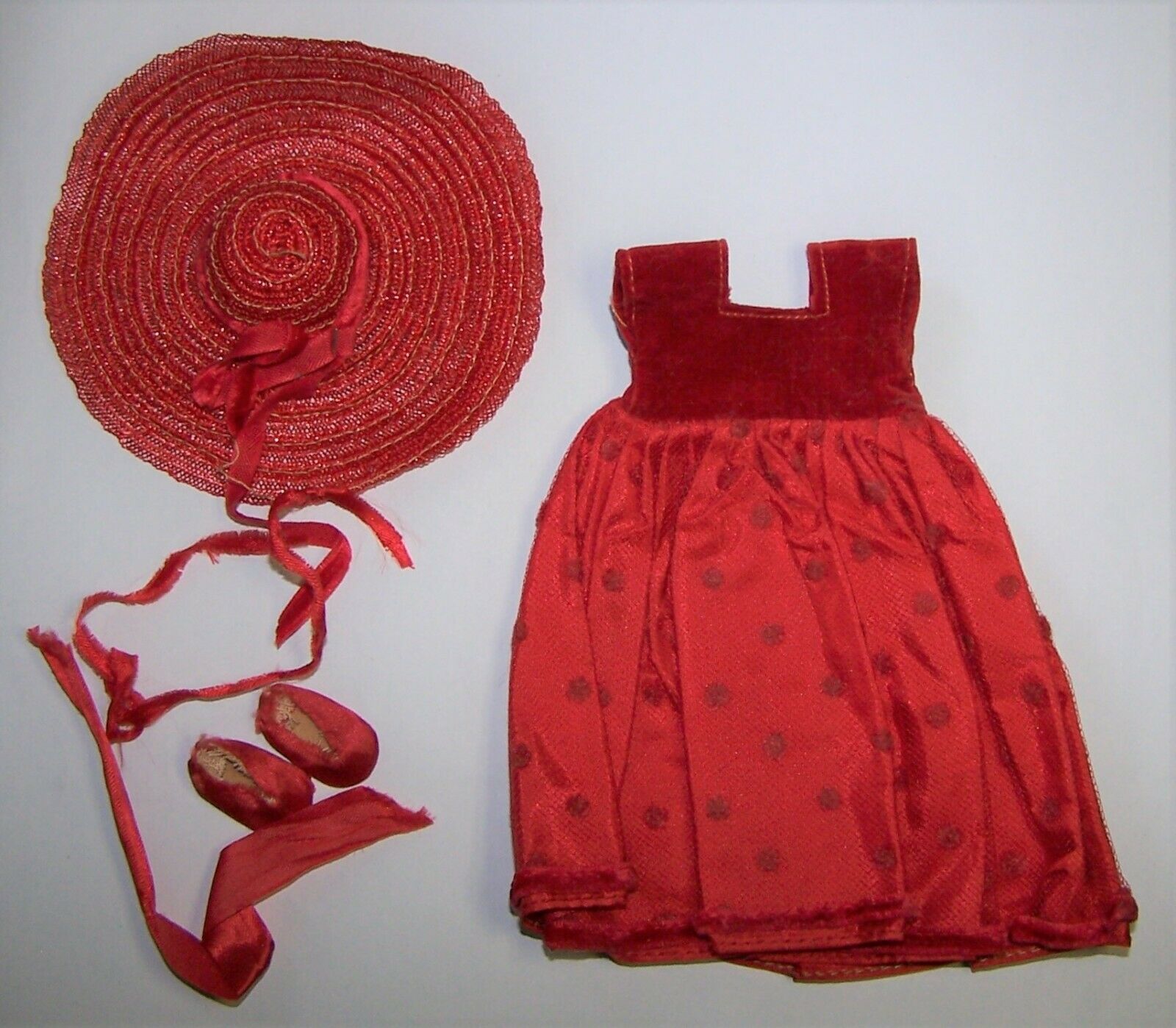 Vintage Ginger Red Gown Picture Hat Bloomers and Shoes