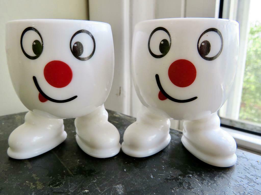 2 Vintage Mid Century White Milk Glass Footed Egg Cups Smiley Faces