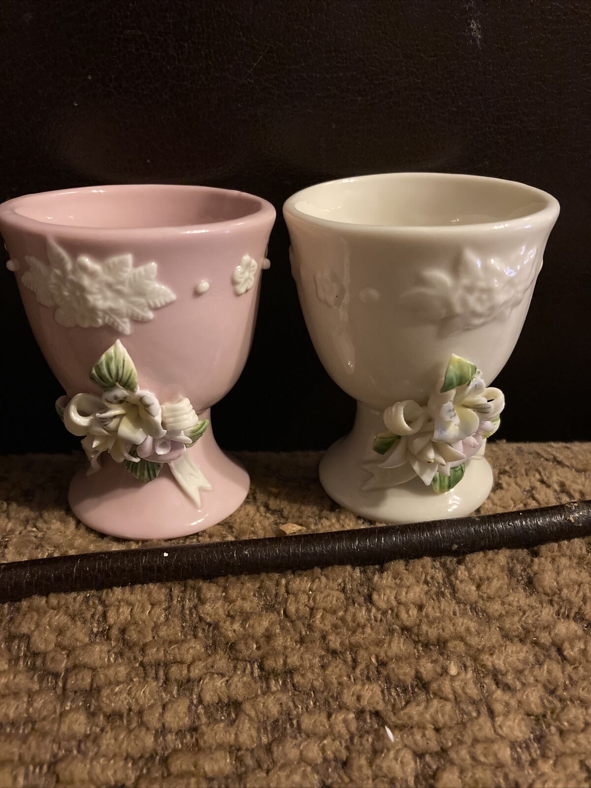 Two Antique Porcelain Egg Cup Victorian Sculptured Floral Decoration Pink White