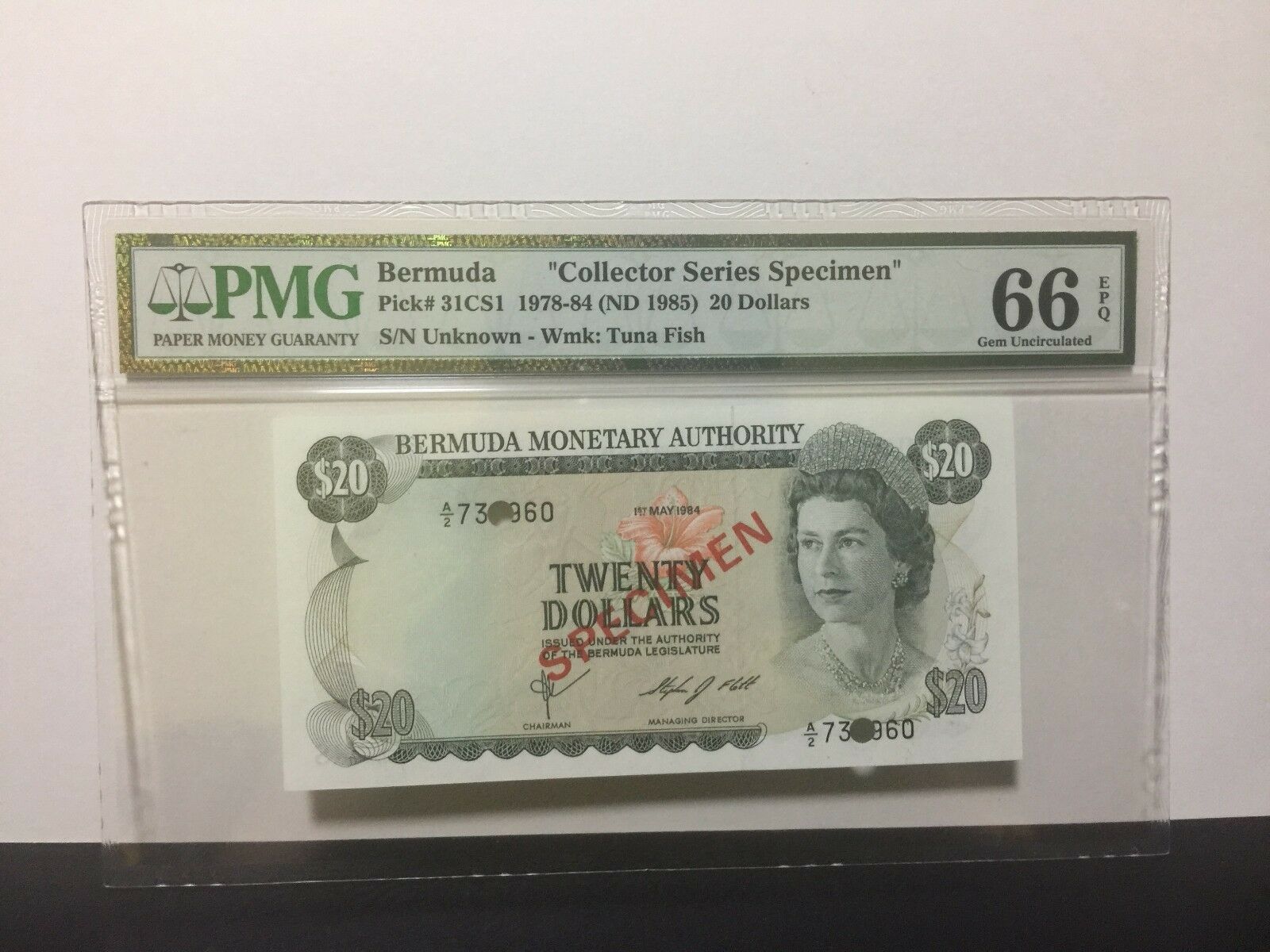 01.05.1984 Bermuda Qeii $20 P-31csi "specimen" Banknote Pmg 66 Epq