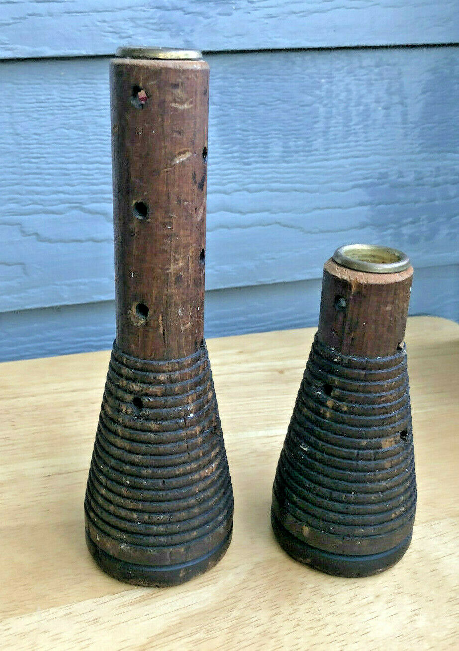 Two Antique Wooden Bobbins 8 1/4 H  2" Dia Base 1 1/4 Dia. Top 5 1/2" H 2 1/2' D