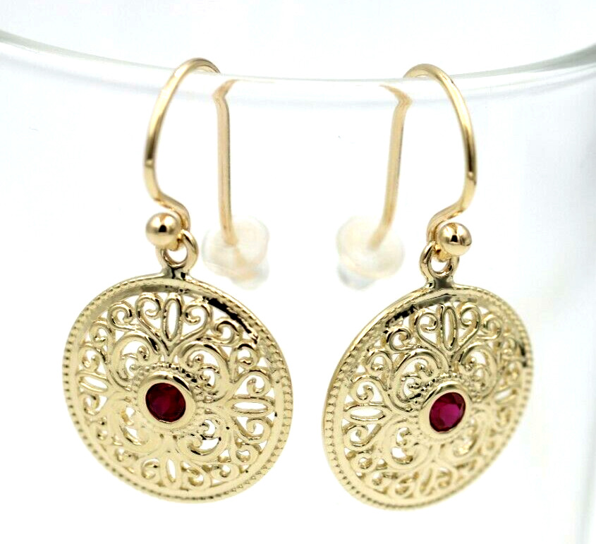 Genuine 9k 9ct Solid Yellow Gold Antique Ruby Filigree Drop Earrings