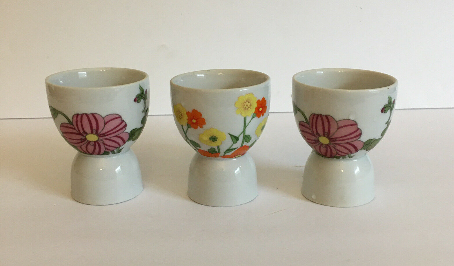 Stoneware Double Egg Cup ~ Floral Lot Of 3