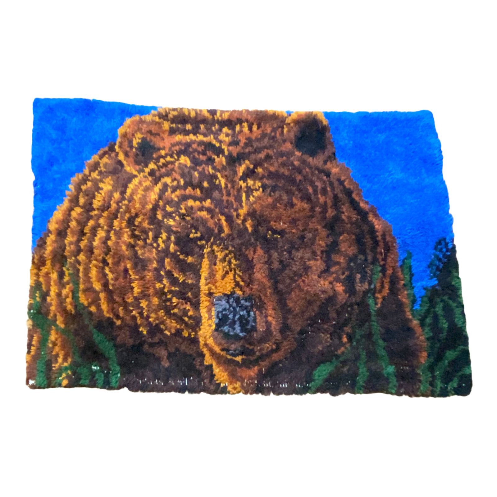 Large 60s 70s Vintage 48 x 33 Inches Latch Hook Rug Shag Carpet Brown Bear Rare