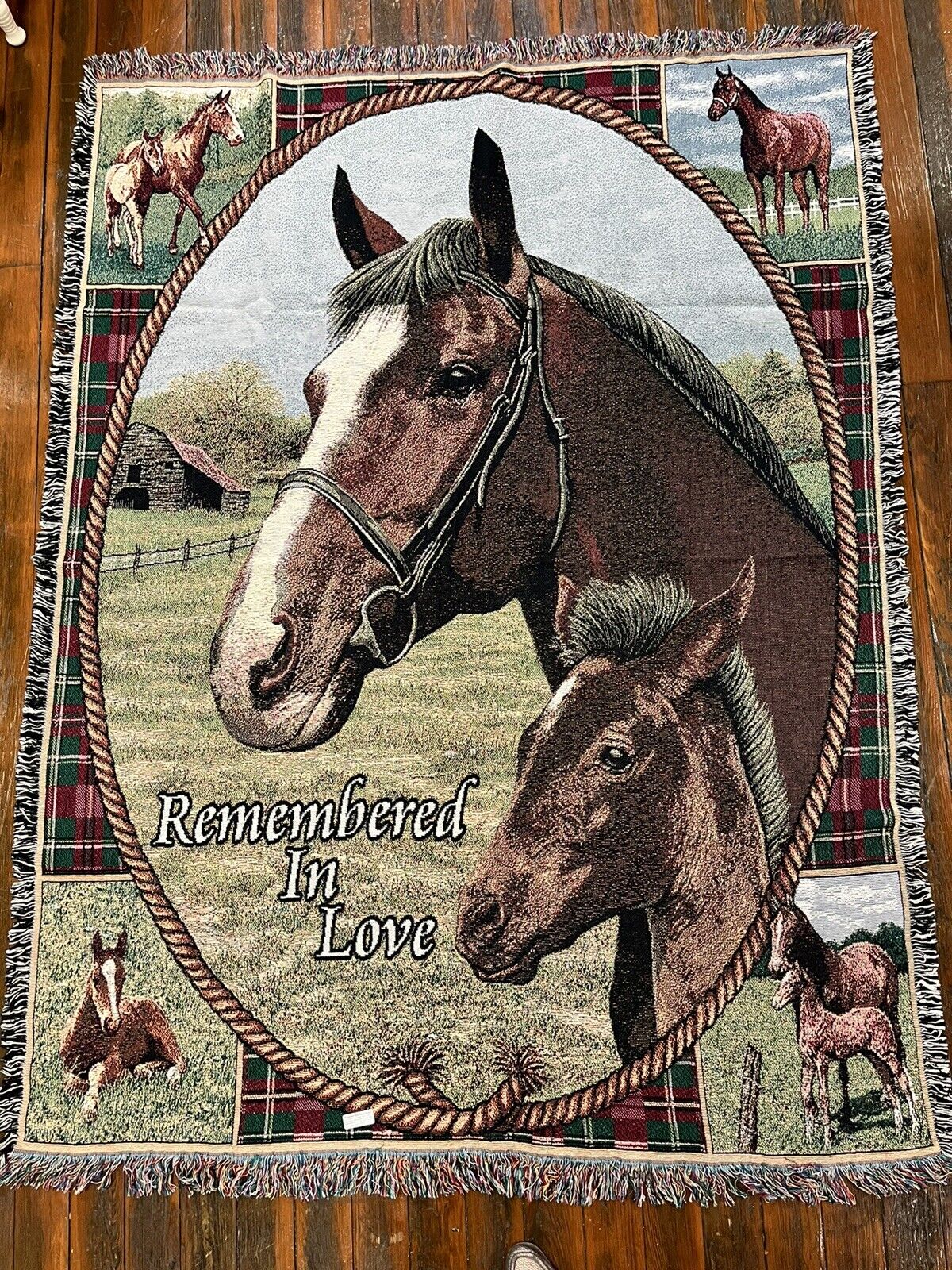 Horse & Colt Remembered In Love Cotton Farm Barn Woven Afghan Throw Blanket Nos