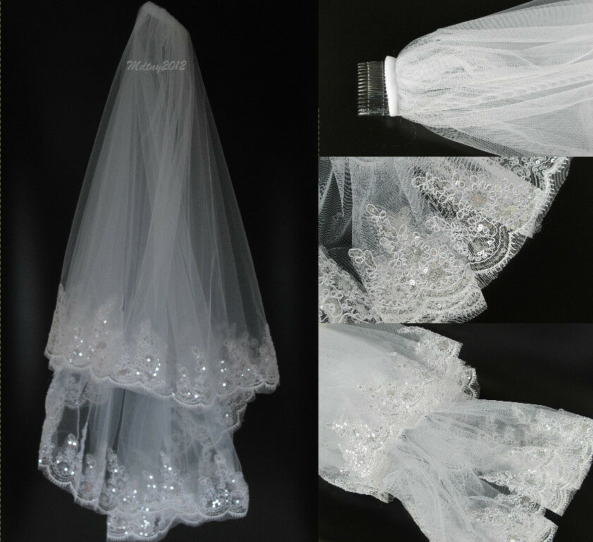 New 2t White Elbow Beaded Sequins Edge Bridal Wedding Bride Veil With Comb