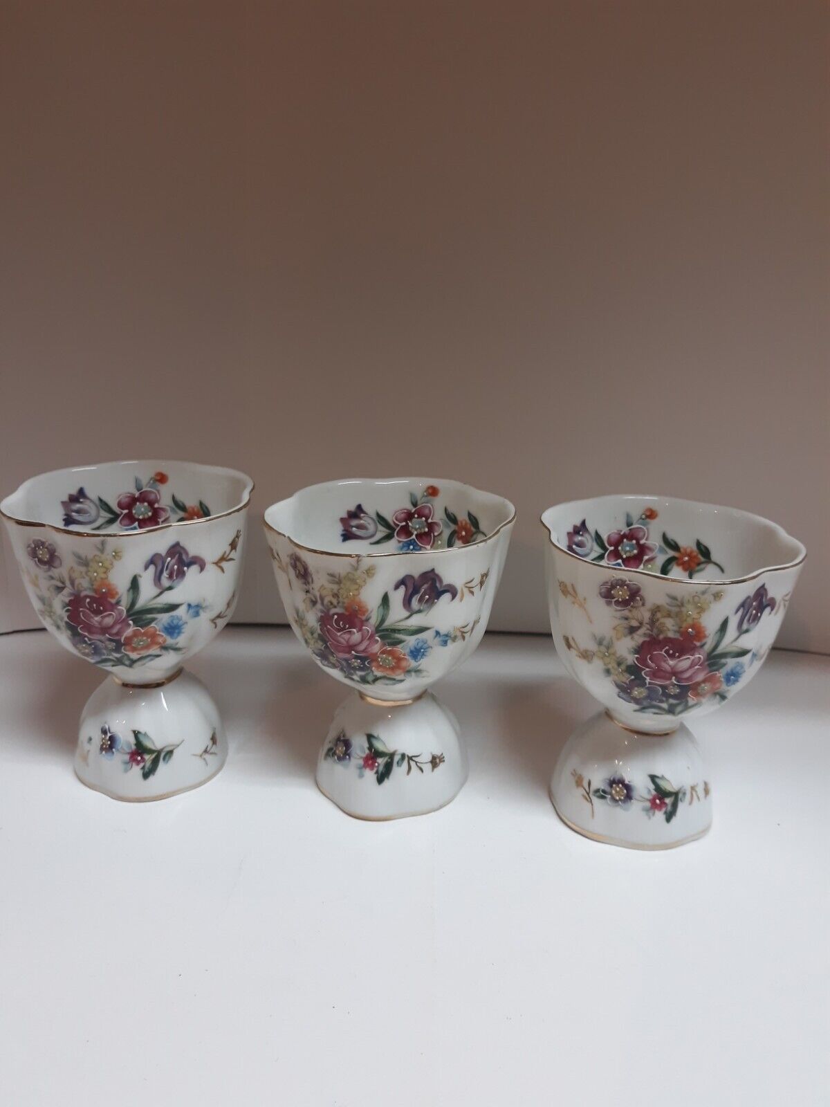 Vintage Lot Of 3 Hand Painted Porcelain Egg Cups 3.75