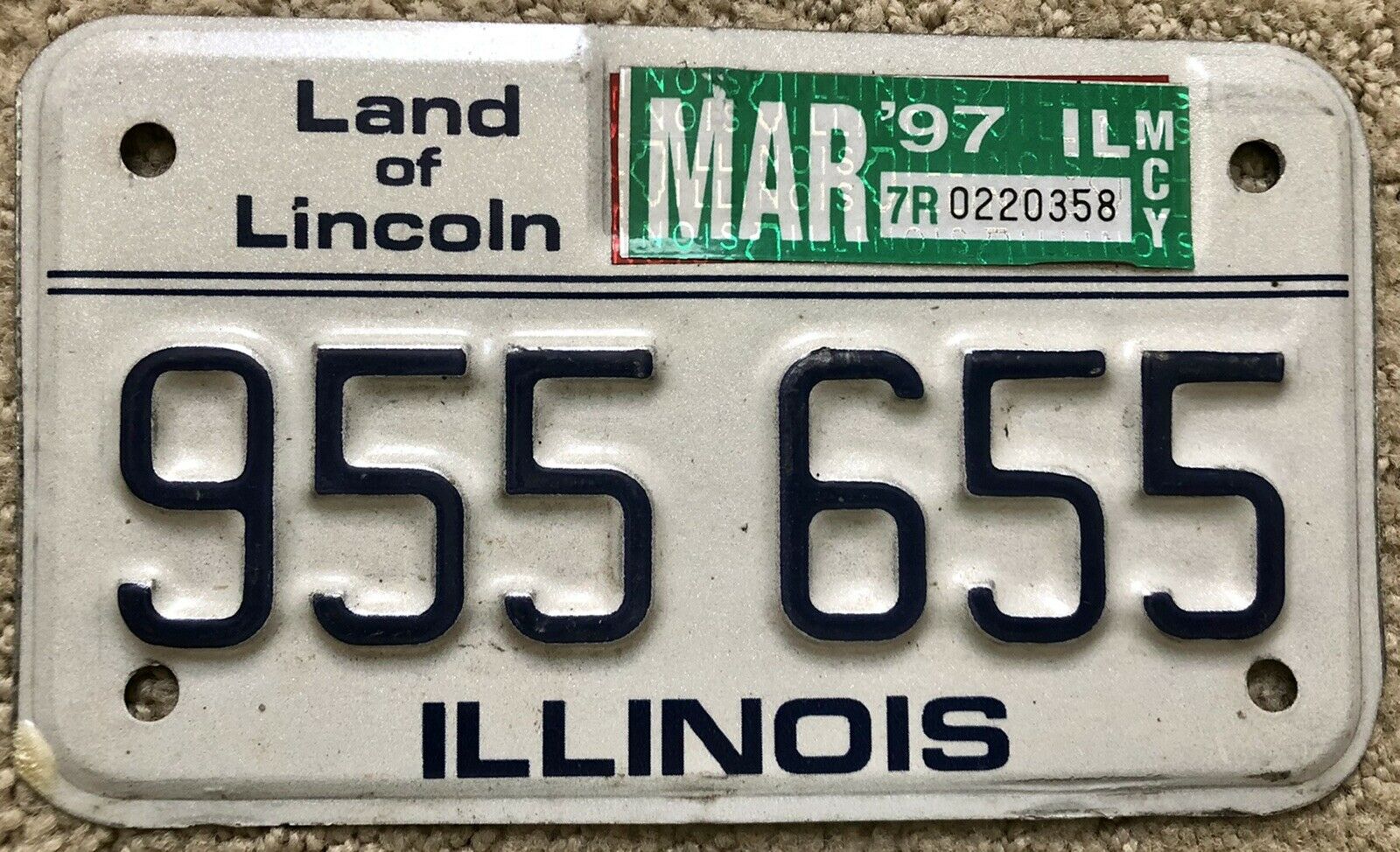 1997 Illinois Motorcycle License Plate Land Of Lincoln   955 655