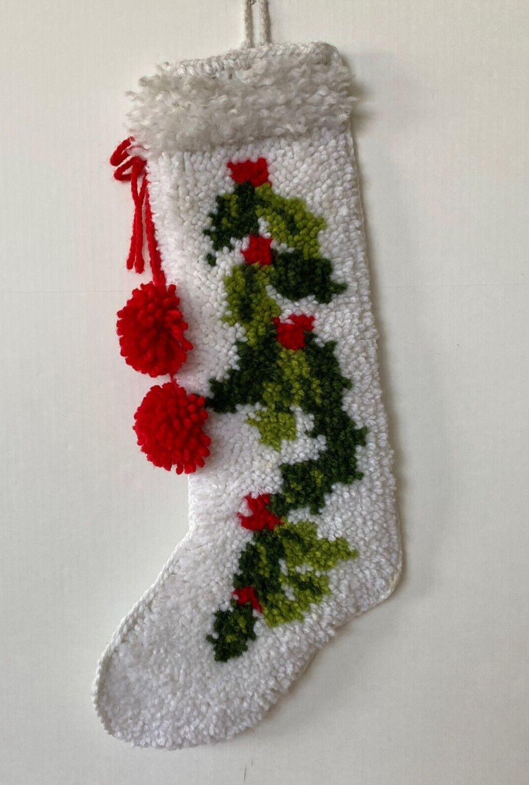 Vintage Latch Hook Completed Mistletoe Christmas Stocking Wall Hanging Large 26”