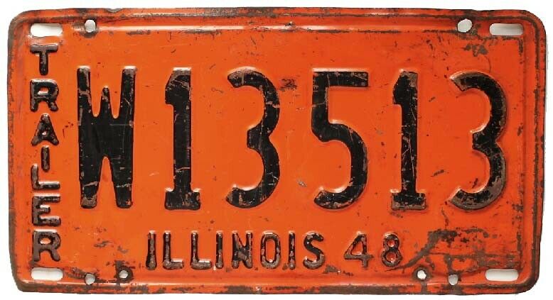 Vintage Orange Illinois 1948 Trailer License Plate, W13513