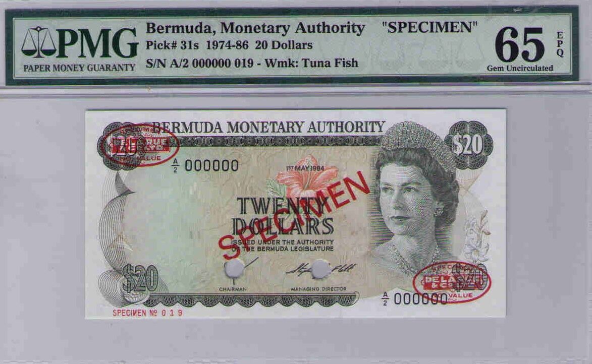 Bermuda Monetary Authority Bermuda $20 1974 Spec, A/2 000000 Pmg 65epq