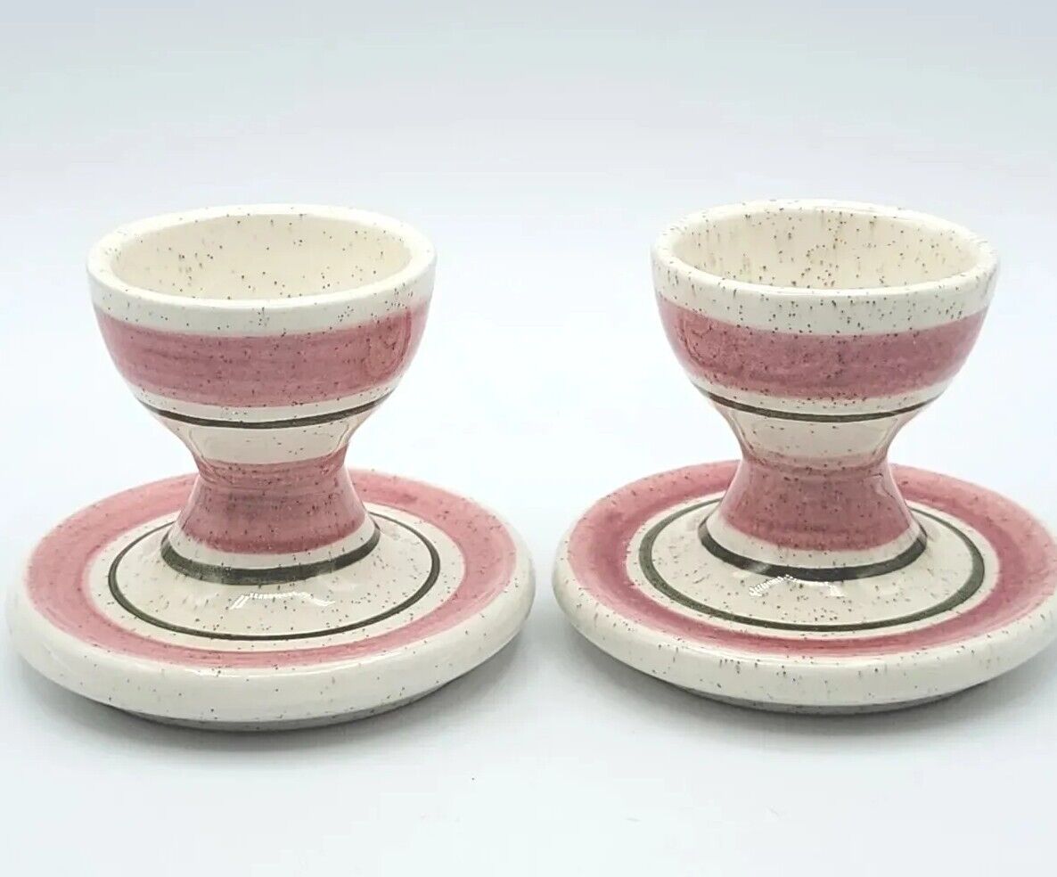 Stangl Pottery Egg Cup Hand Painted Pink Green Rings Speckled Set Of 2  USA