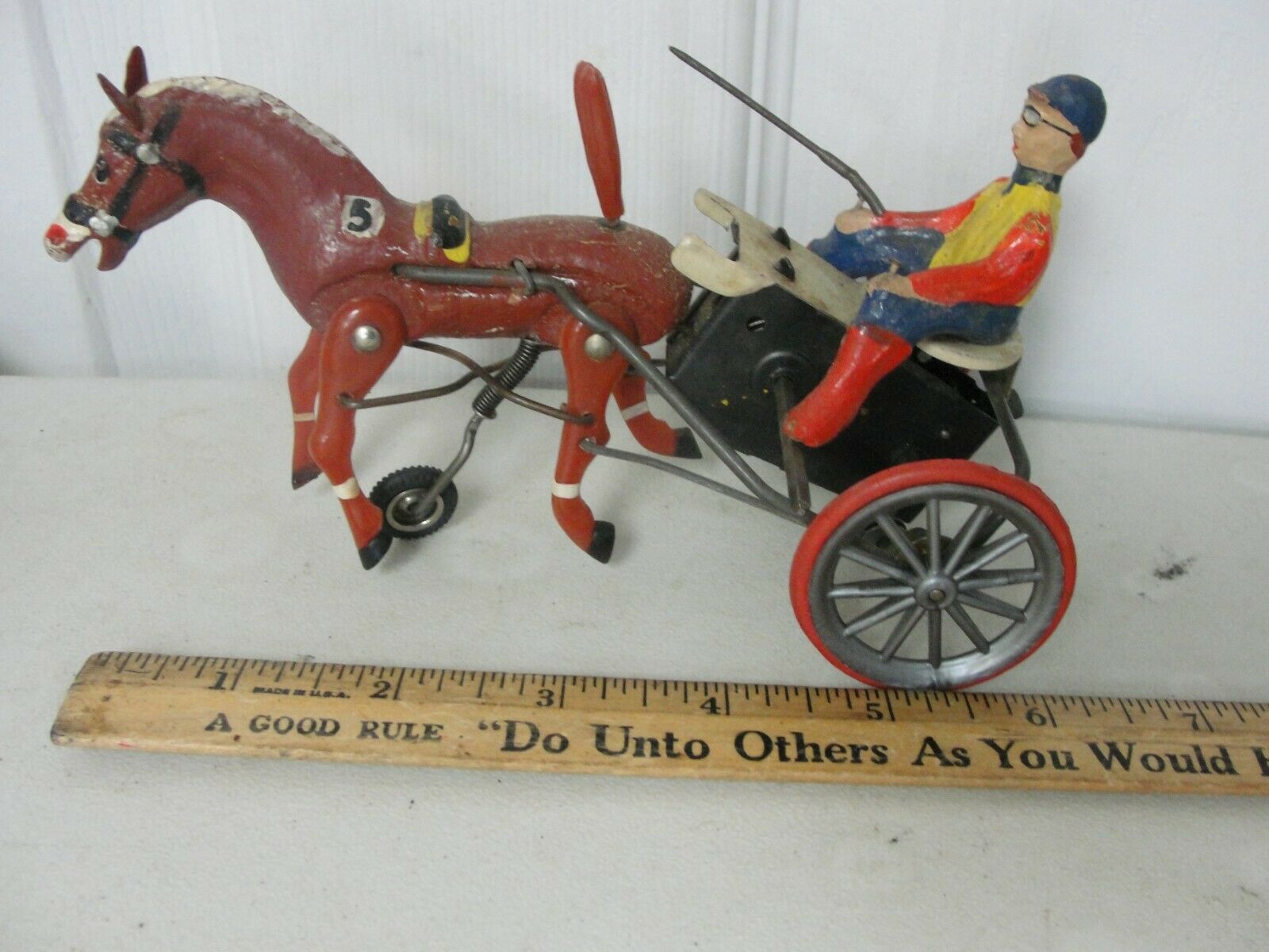 Vintage Dra German Tin Arabian Trotter Race Horse Jockey Wind-up Toy #5