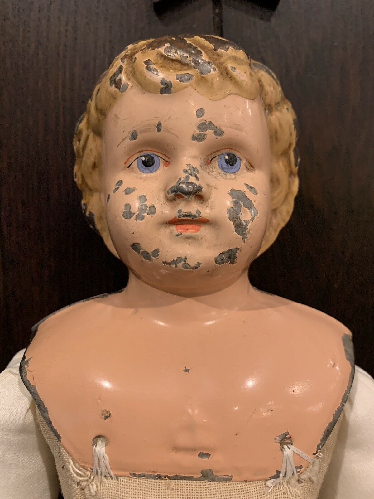 18” Antique German Tin Head - Blue Paint Eyes - Molded Blonde Hair - Cloth Body