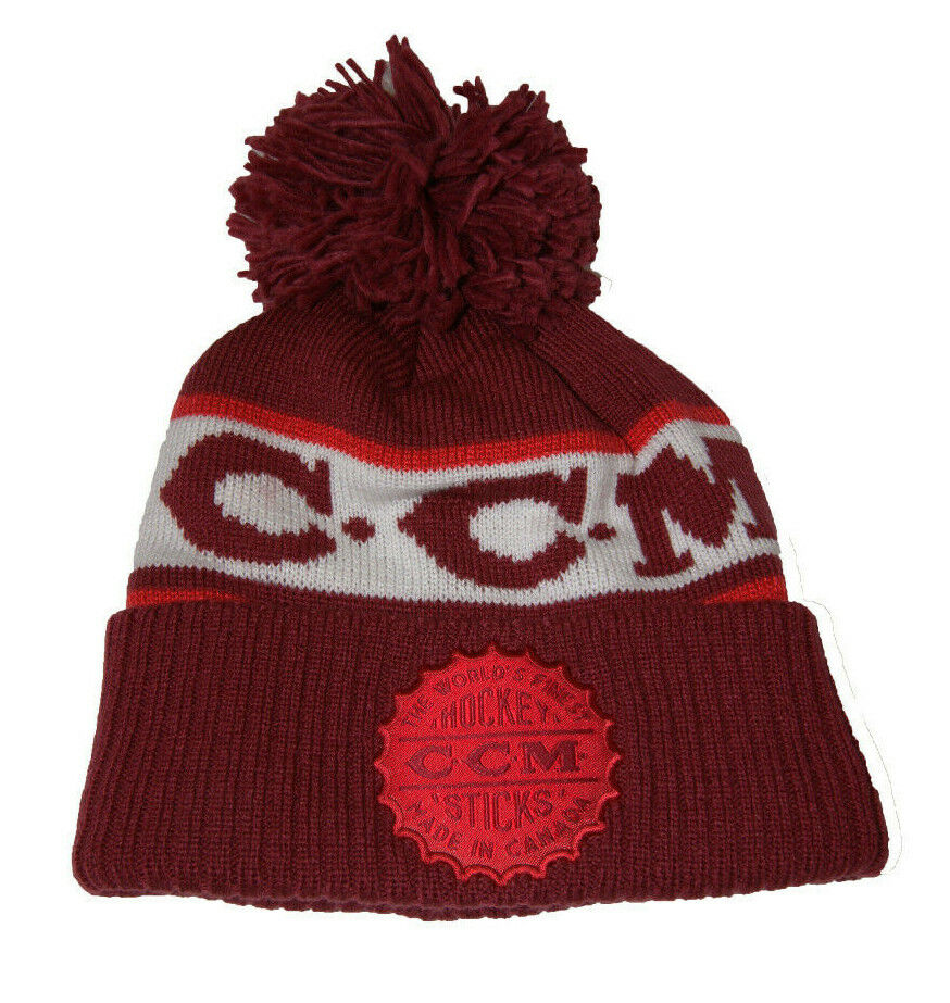 Ccm Hockey Senior/adult Carnelian Red Bottle Cap Knit Pom Stocking Cap/hat Osfm