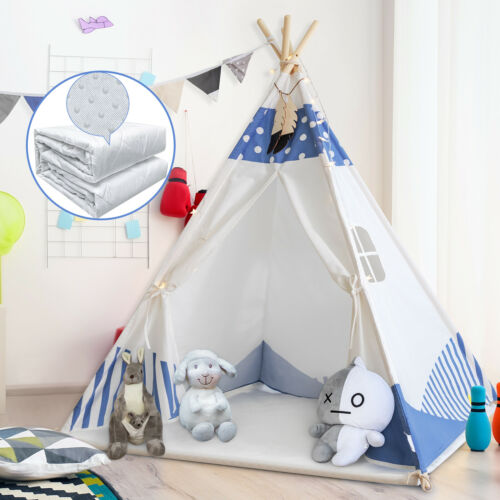 BedStory Striped Kids Teepee Tent-Portable Canvas  Floor Mat Blue-White Stripe