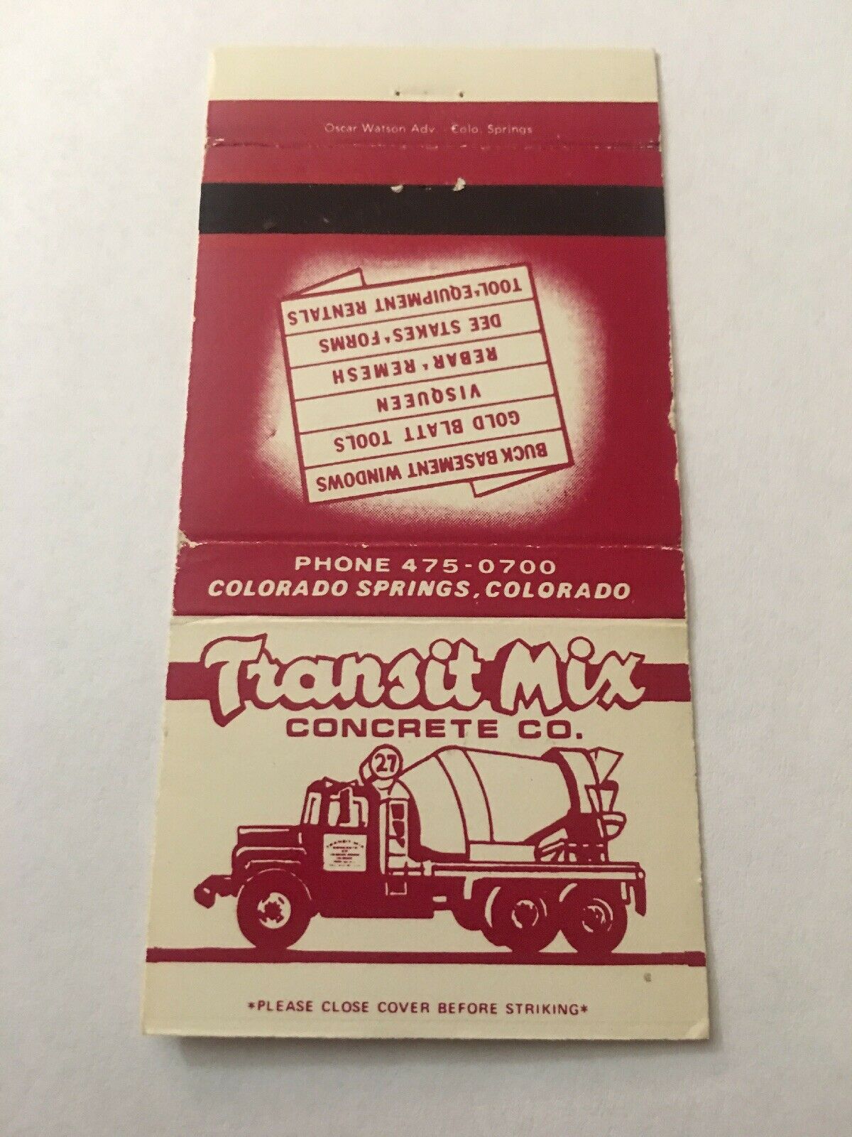 Vintage Matchbook Cover Matchcover Transit Mix Concrete Colorado Springs CO