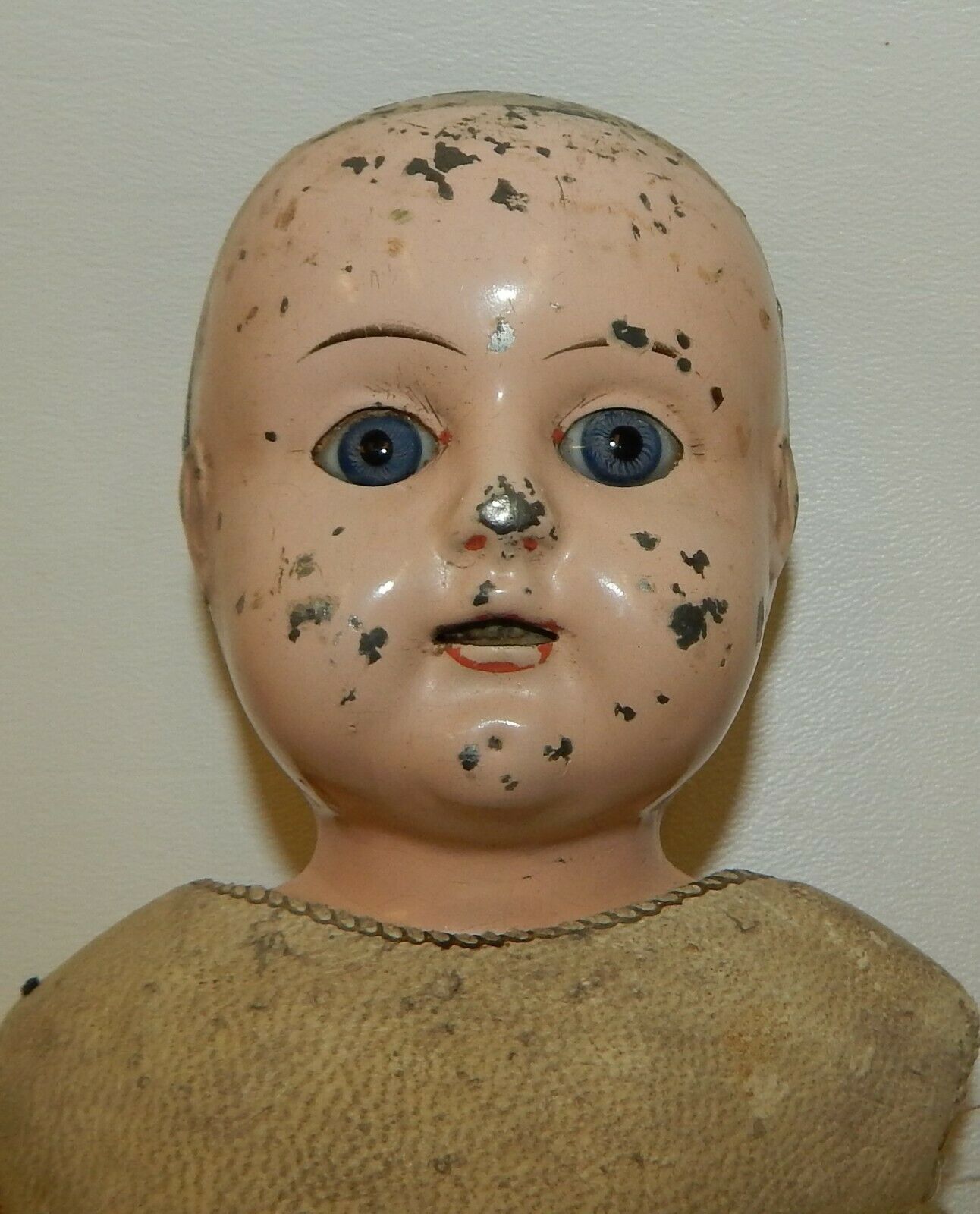 Antique German Tin Doll Head Glass Eyes Open Mouth Teeth - Leather Cloth Body