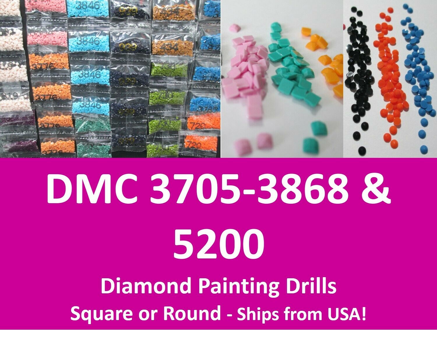 Diamond Painting Drills Dmc 3705-3868, 5200 - Square Or Round - Individual Bags