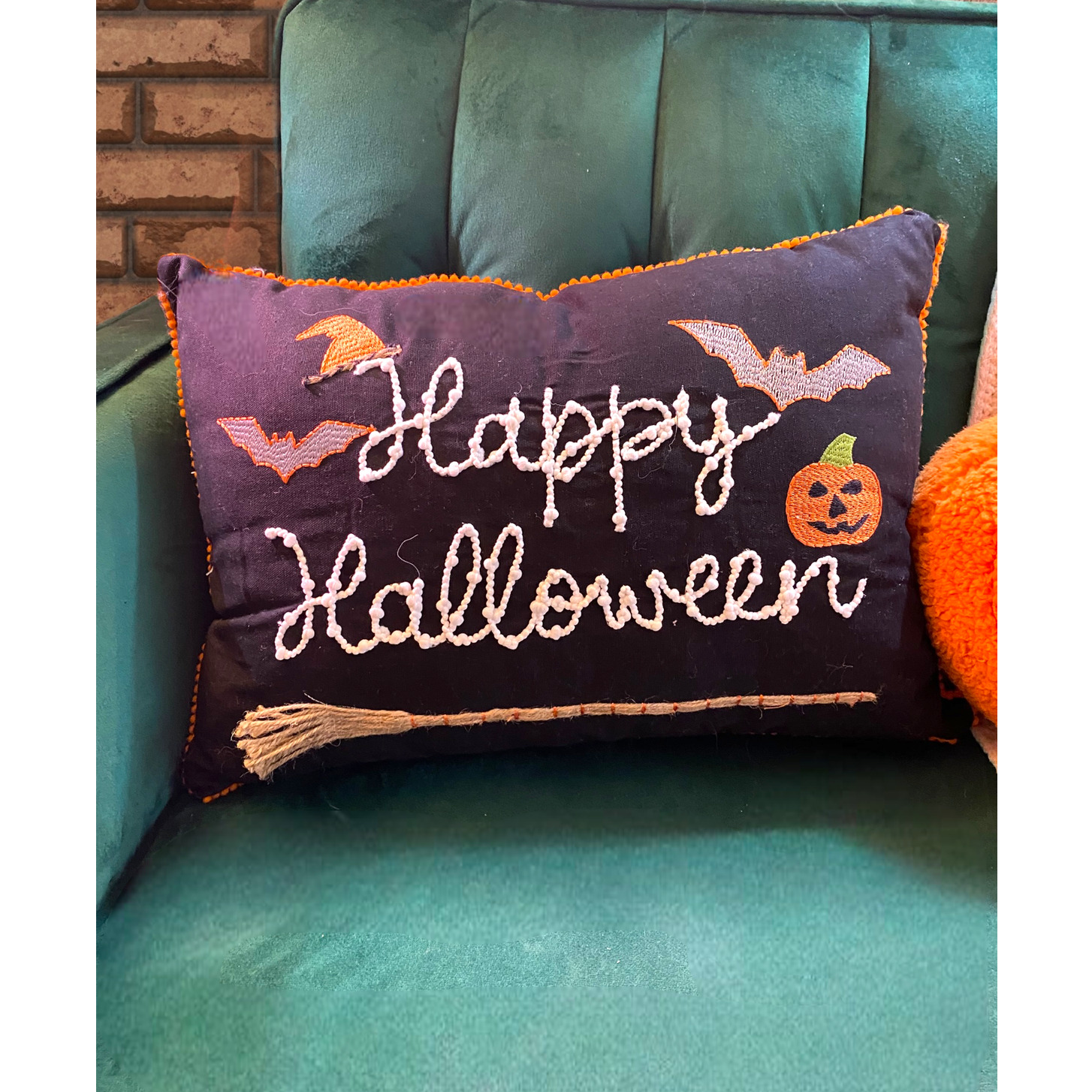 Happy Halloween Throw Pillow Bella Lux Lumbar 16x20 Bats Pumpkin Broom