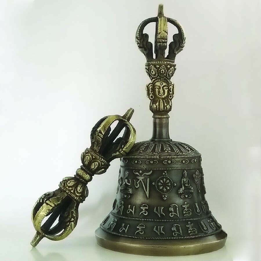 Tibetan Buddhist 5 Pronged Bronze Bell 7.5" And Vajra/dorje (medium) - Nepal