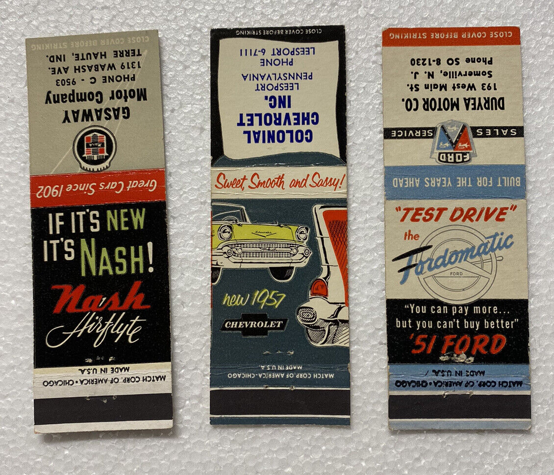 Lot Of 1950s Matchbook Covers FORD FORDOMATIC, NASH AIRFLYTE, 1957 CHEVY