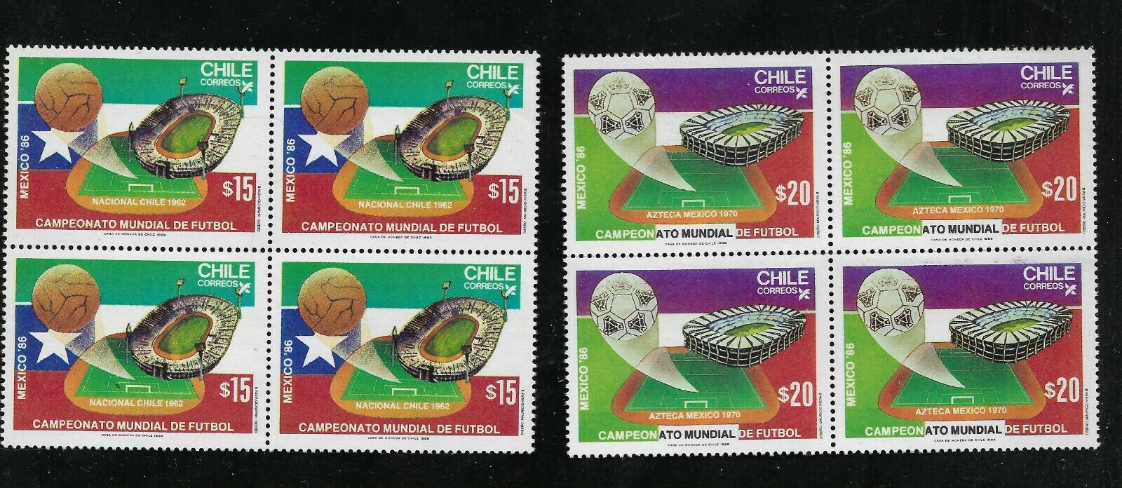 Chile 2 blocks of four stamps 1986 Mexico football world cup,$15,$20, MNH V.fine