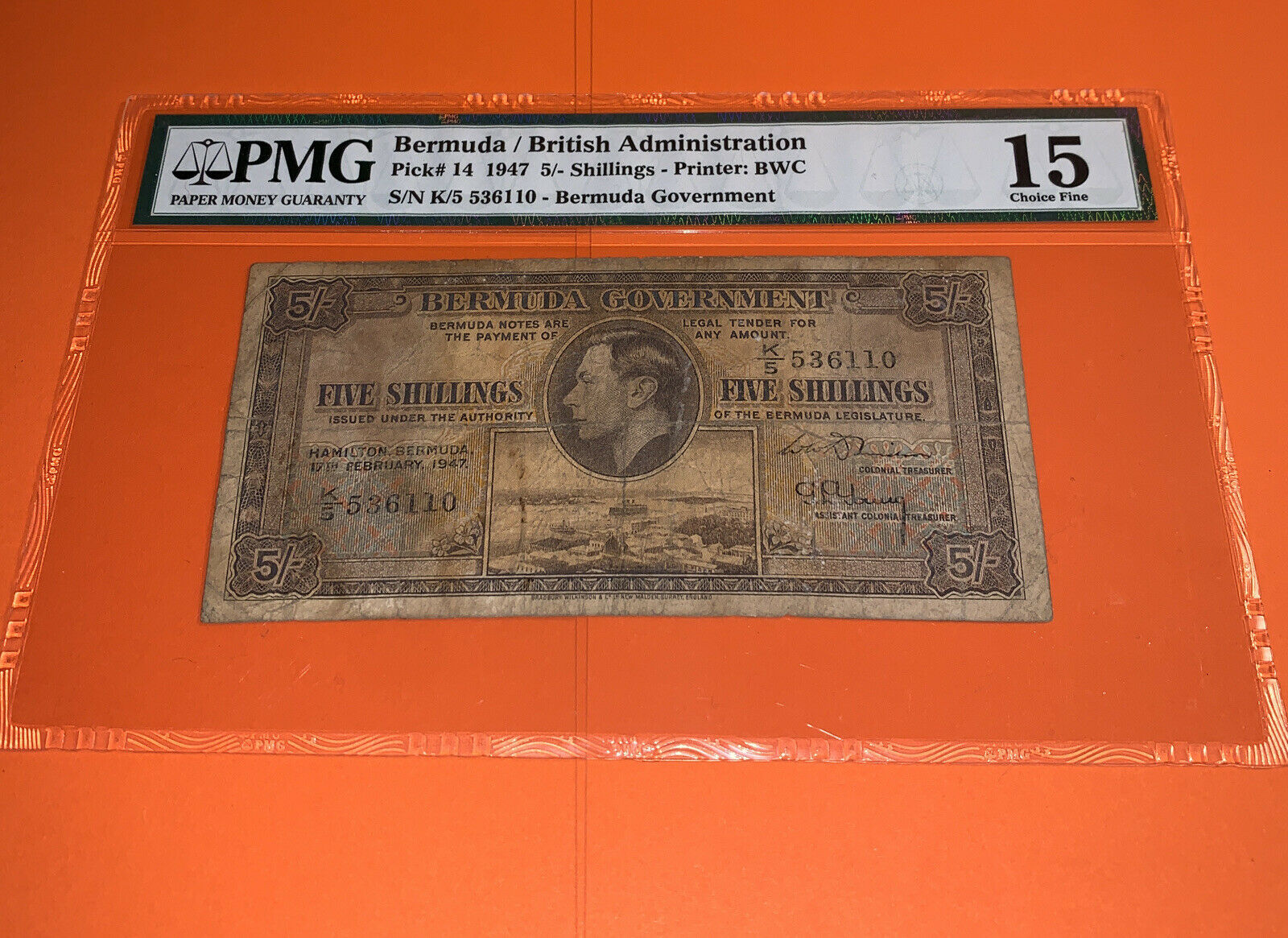 Pmg Graded Bermuda, British Administration 5 Shillings Banknote 1947 Choice Fine