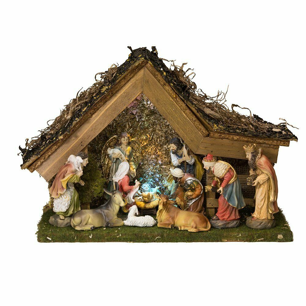 Musical Lighted Christmas Nativity 11 Piece Set with Stable 9.5 Inch  H3031 New