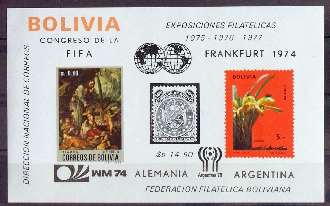 BOLIVIA 1974 SOCCER, $170, #44 XF MNH** Sheet, Football Stamps, Orchids, Art