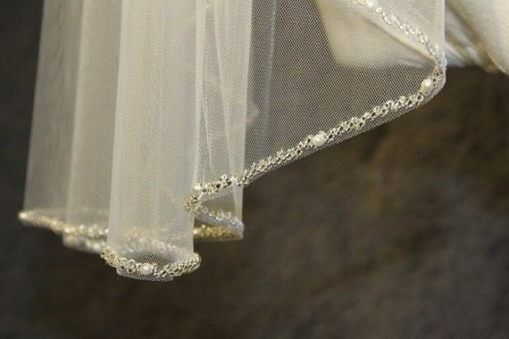 White Ivory Champagne One Layer Wedding Veil Beaded Edge Bridal Veil Fingertip