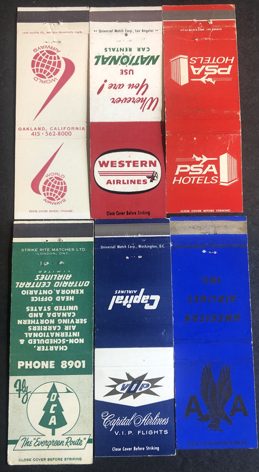 ~Lot Of 6 vintage AIRLINE matchbook COVERS Front Striker-Western-PSA-AA-World
