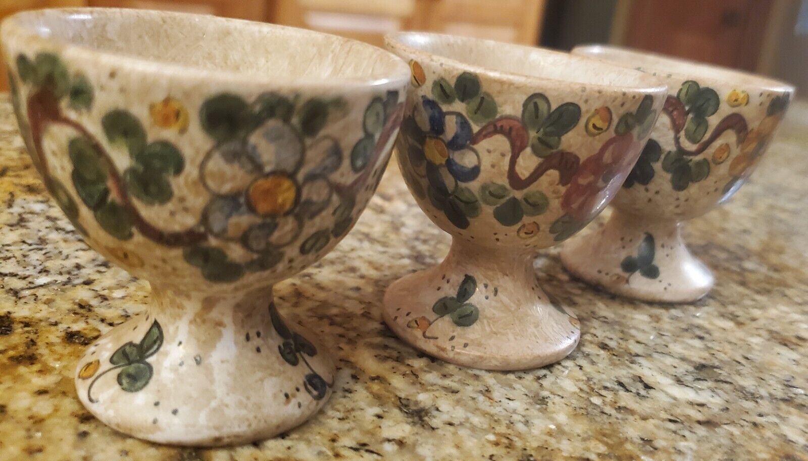 3 Signed Italian Gubbio Pottery Egg Cups Italy Hand Painted Flowers