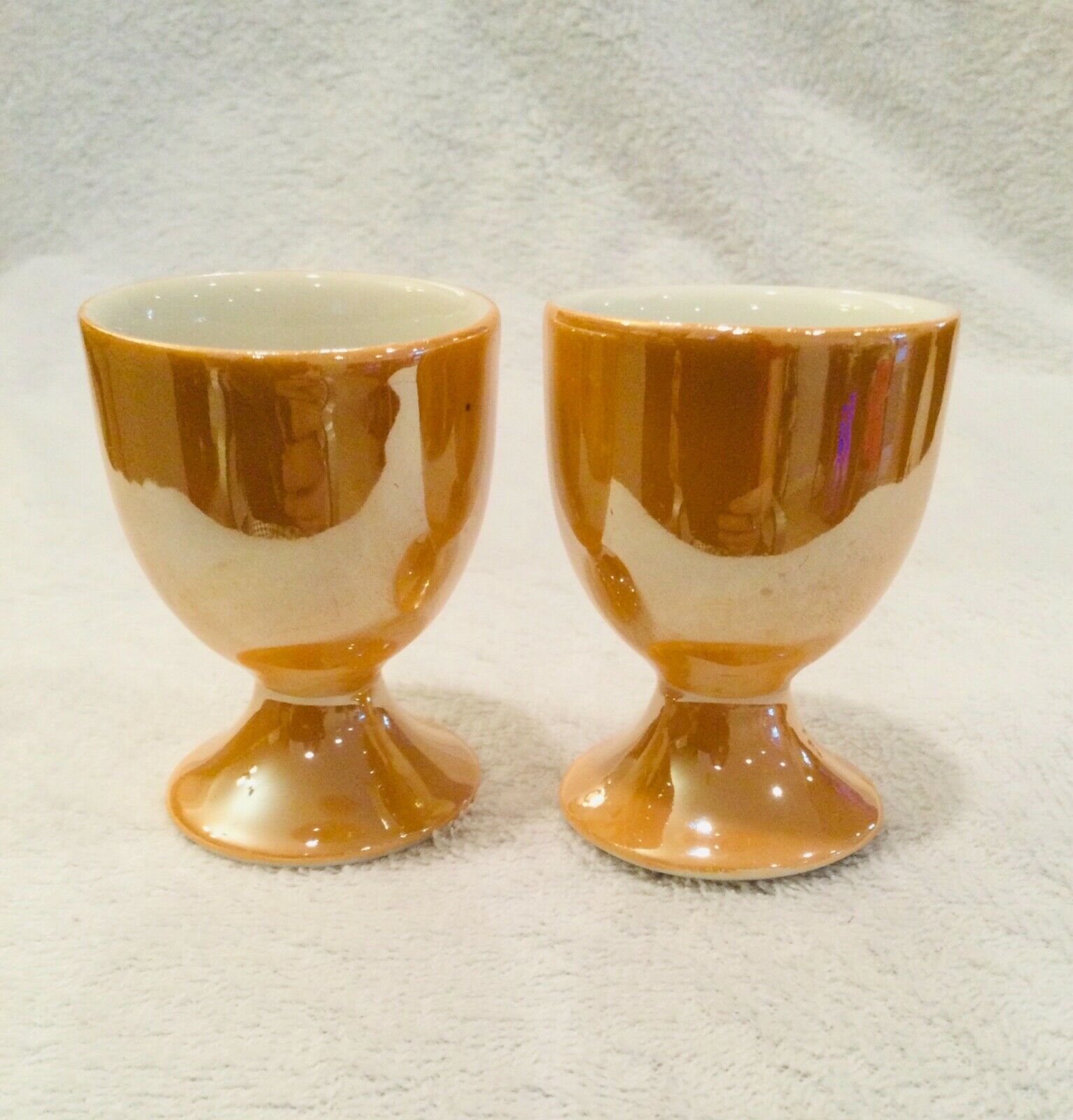 Vintage Lusterware Iridescent Egg Cups Peach Orange Made In Germany