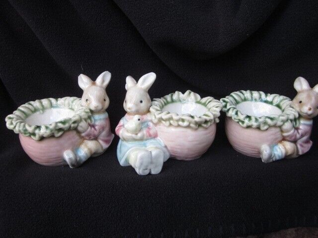 Set of 3 Vintage Ceramic Hand Painted Egg Cups with Bunnies/Rabbits