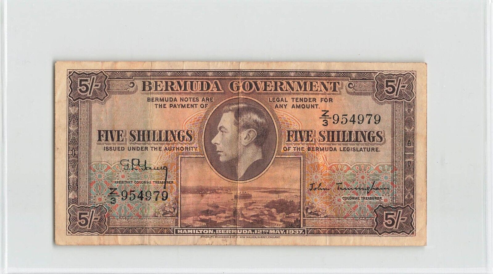 Bermuda 5 Shillings 1937, P-8b Z/3 Prefix, Original Vf, Kgvi             B1