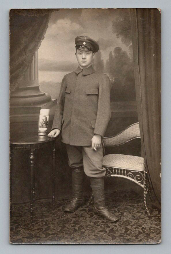 Ww1 German Real Photo Rppc Postcard Very Young Uniform Soldier Smoking Cigarette