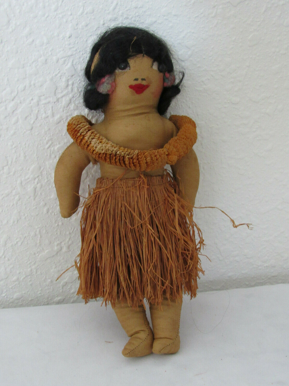 Vintage 1920s Fabric Hawaiian Luau Girl Doll 10" Straw Skirt And Lei