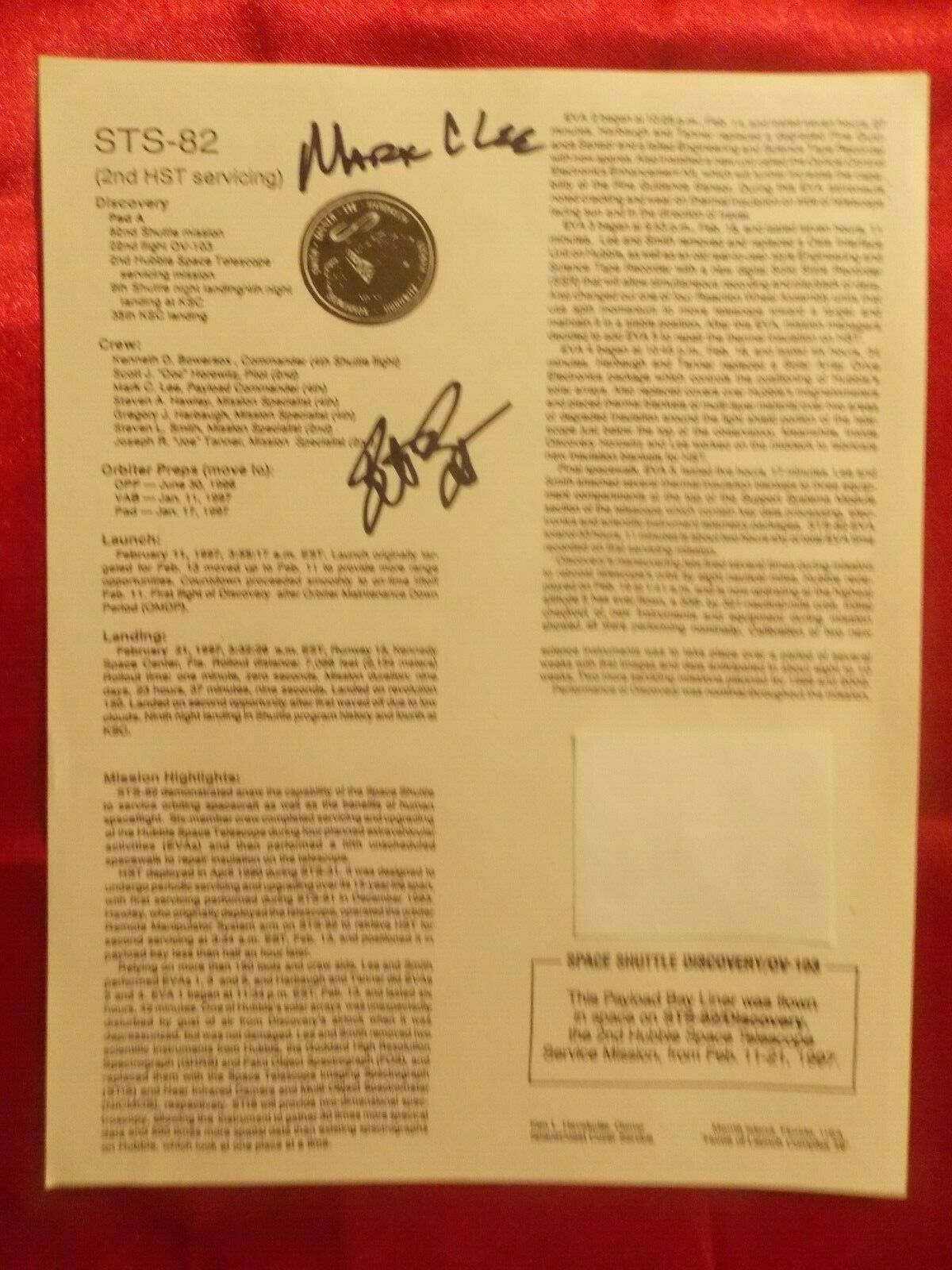 Sts-82 Hubble Telescope Mission Fact Sheet Flown Payload Bay Liner Signed