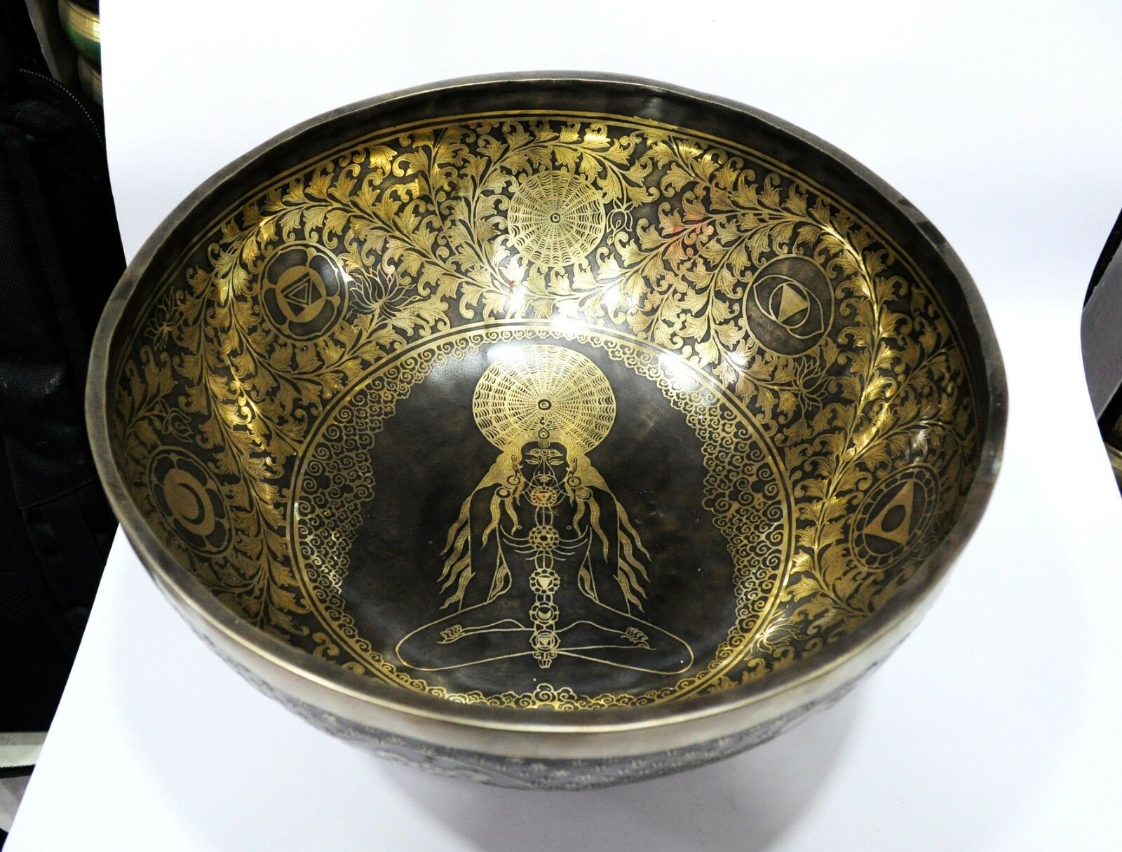 Handmade Singing Bowl Jam Bowl 14'' Jogi 7 Chakra Carved For Tibetan Meditation