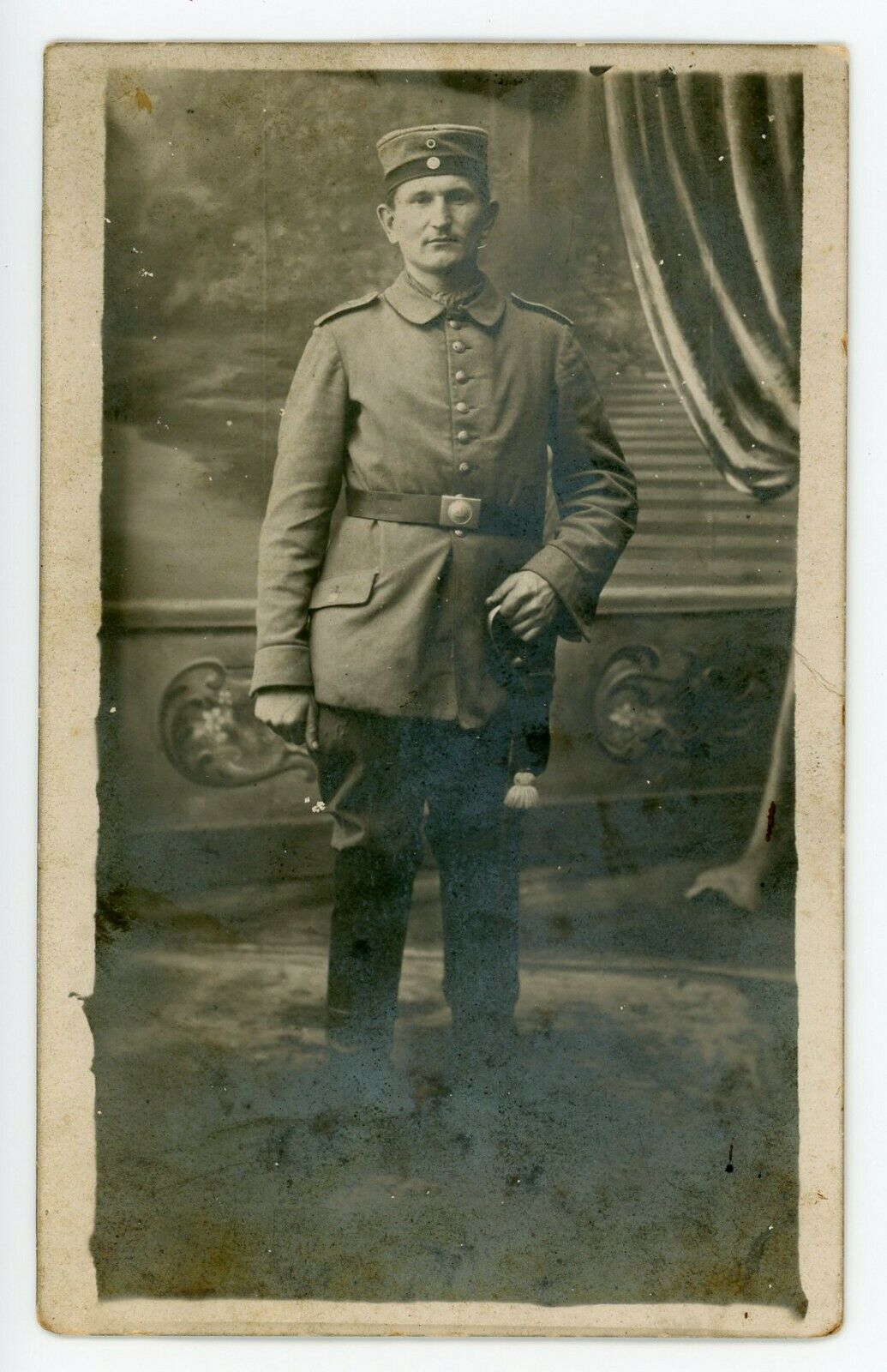German Ww1 Portrait Photo Soldier In Pill Box Hat Greetings From Flandern